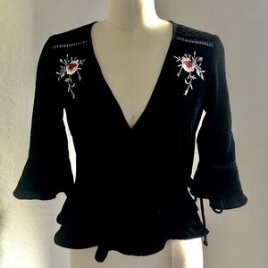 Topshop Embroidered Velvet Wrap Top